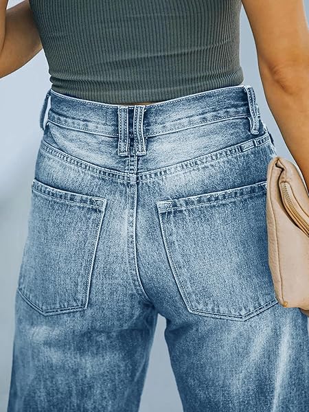 PLNOTME WOMEN’S HIGH WAISTED BOYFRIEND JEANS BAGGY WIDE LEG RIPPED CASUAL DISTRESSED DENIM PANTS BLUE
