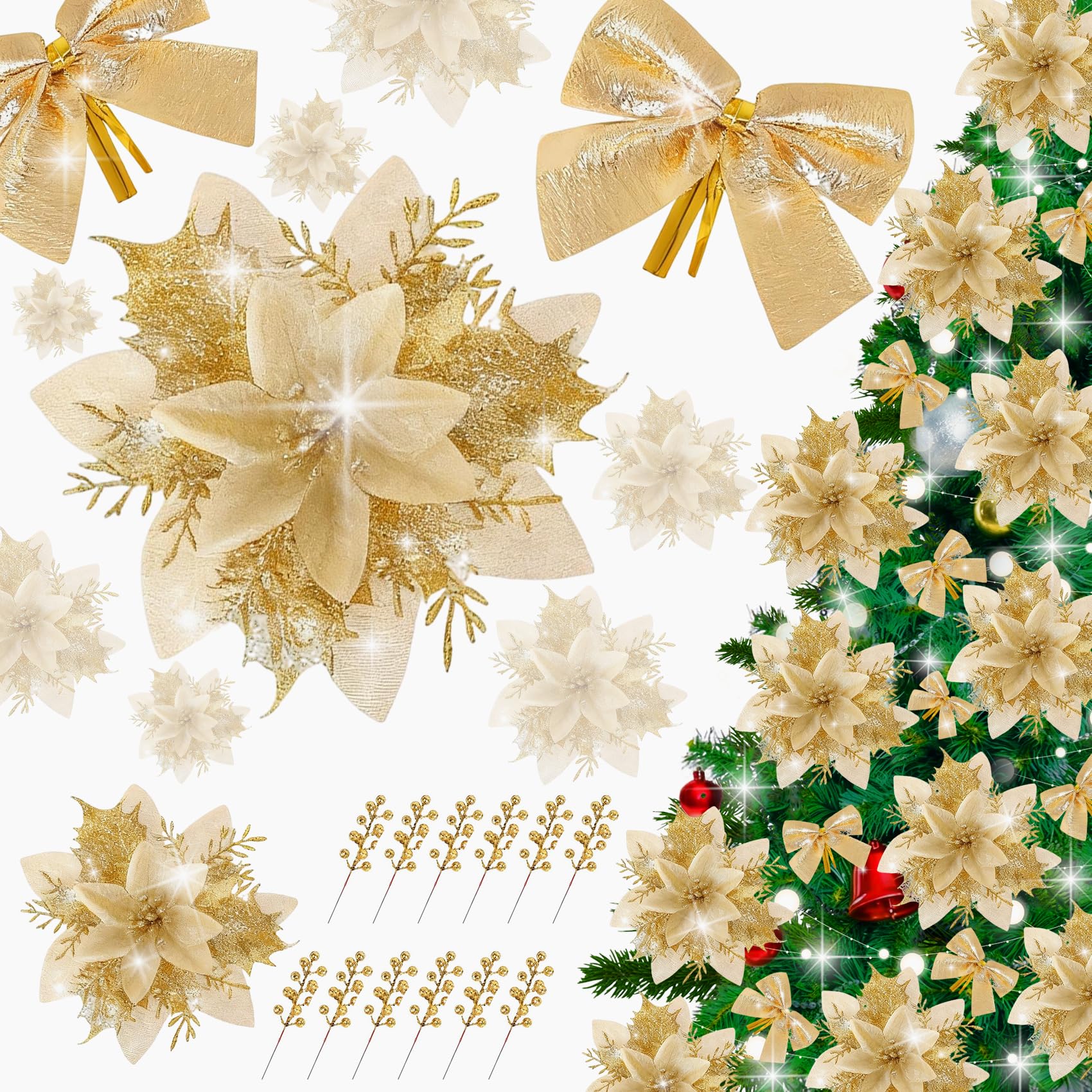 DEEMEI 12Sets Christmas Decorations Glitter Poinsettia with Clips Stems Berries Bows Ornaments for Xmas Tree Wreath Garland Gifts Decor (Gold)