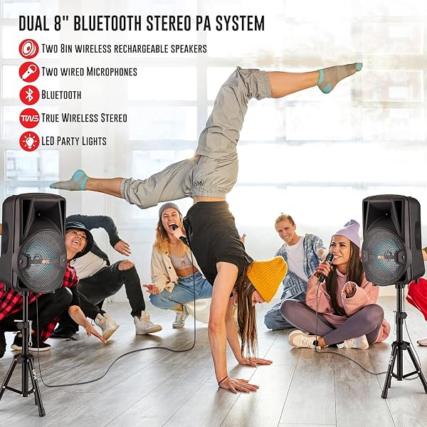 QFX PBX-800TWS 8-INCH TWS BLUETOOTH STEREO PA SYSTEM WITH 2 8″ SPEAKERS, 2 MICROPHONES, 2 STANDS, AND A REMOTE CONTROL