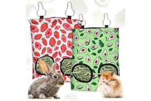 Estivaux 2 Packs Rabbit Hay Feeder Bag Strawberry Avocado Guinea Pig Hanging Hay Feeding Bag with 2 Holes Pet Storage Dispenser for Chinchilla Hamster Bunny Small Pet Animals