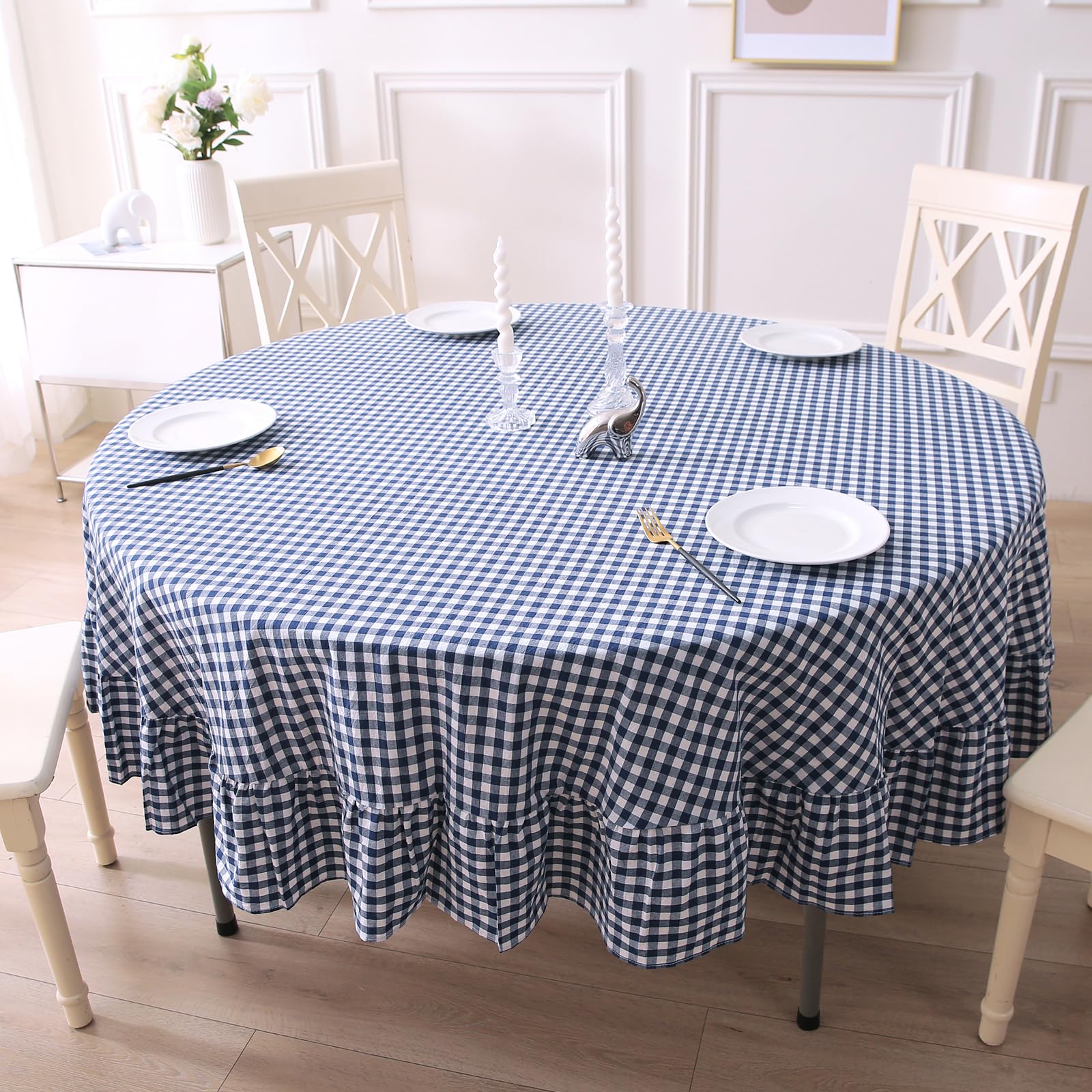 Photo 1 of K MASANIJI 100% Cotton Navy Blue Plaid Ruffled Table Cloth Round Cover, Dia.70 in Farmhouse Checker Gingham Vintage Decorative Tablecloth (Navy Blue/White Plaid, Dia.70 inches)