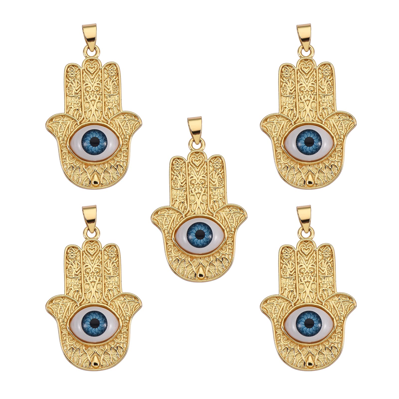 COGCHARGER 5 Pieces Evil Eye Charms Pendants Hamsa Hand Brass Charms Long-Lasting Plated Pendants for Jewelry Necklace Bracelet Earring Making