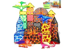 Coodoo Dinosaur Toys Magnetic Tiles Lava Dinosaur World Set - Magnetic Blocks Building for Kids 3-5 5-7 Girls Boys Toy Age 4-6 6-8, Classroom Must Haves Toddler Sensory for 3+ Year Old Kids Toys