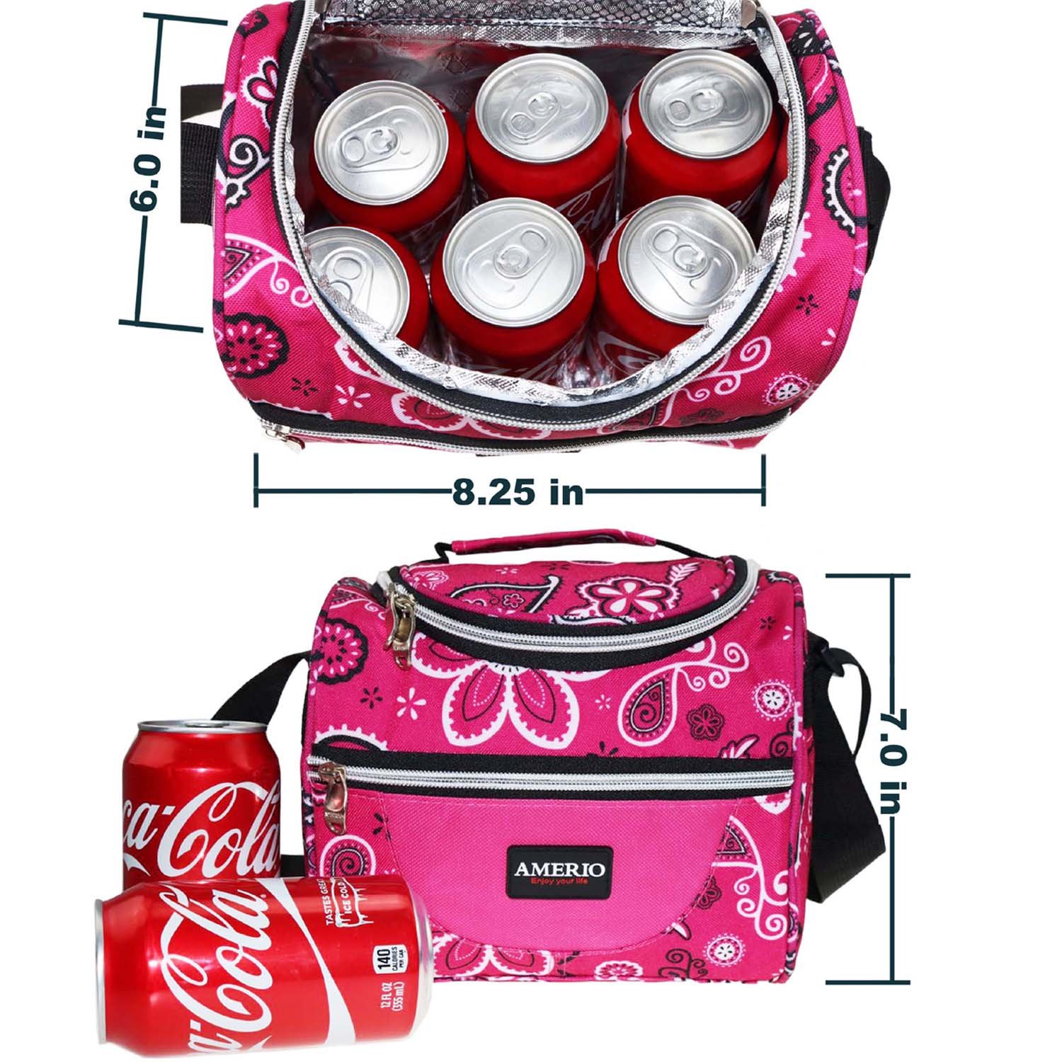 Insulated lunch bag for kids, AMERIO Lunch Box For Work Men, Women, Smooth Zipper& Lightweight, Small Lunch Box for Grils with Adjustable Strap (Pink)