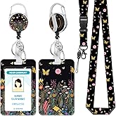 Hancynir Butterfly Floral Lanyard for Id Badge, Flower Badge Holder with Retractable Reel Clip, Name Tags Keychain Lanyard with ID Holder, Vertical Card Protector for Women Teacher Nurse Doctor Office