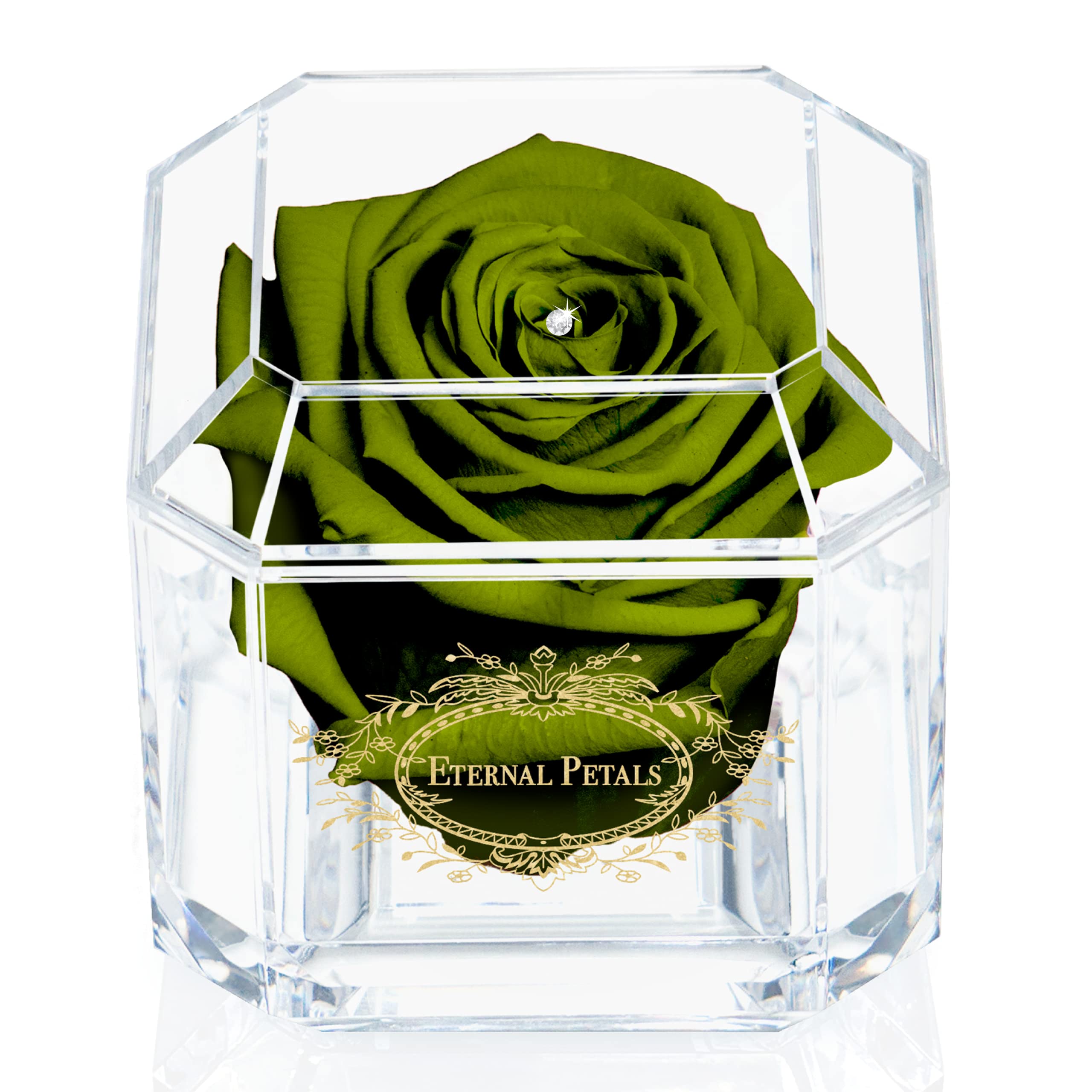 A 100% Real Rose That Lasts Years - Eternal Petals, Handmade in UK – Gold Solo with A Clear Crystal (Dark Green)
