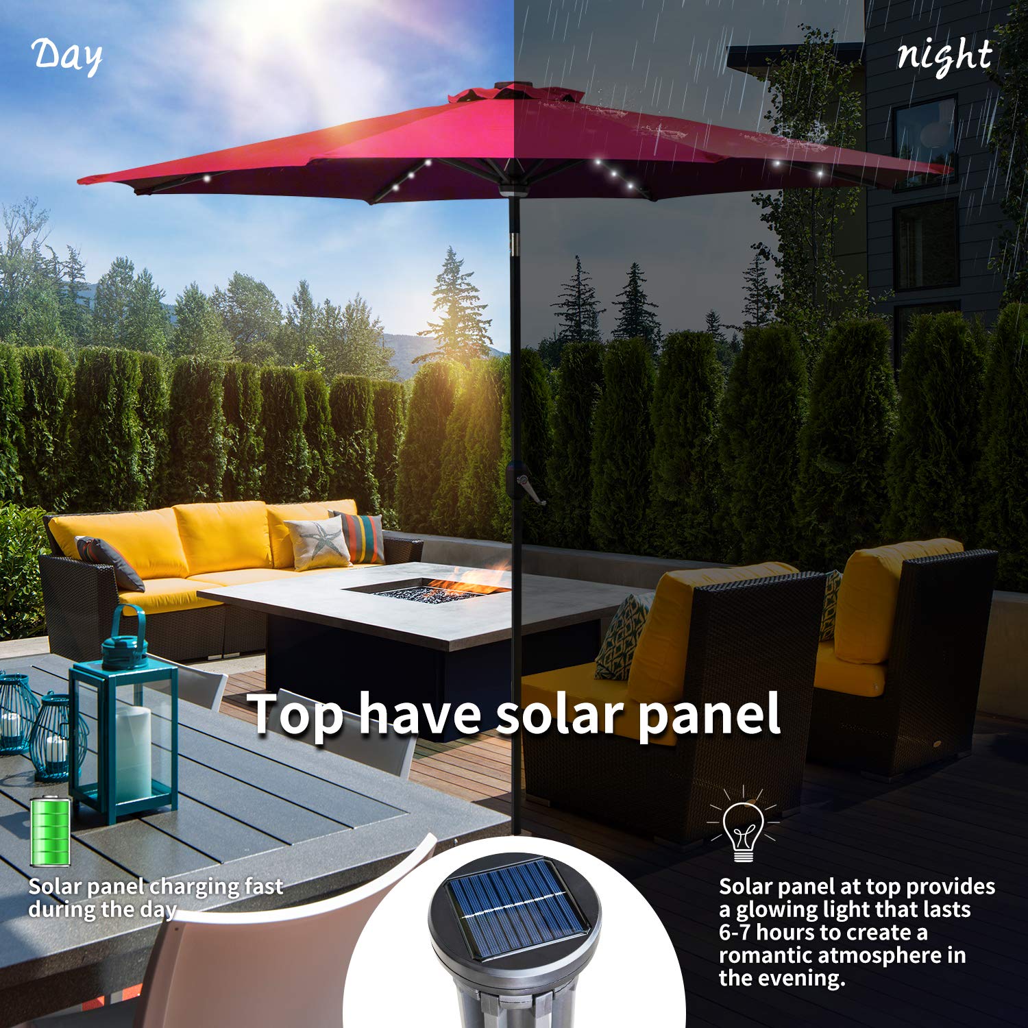 Hyd Parts Solar Patio Umbrella 9 Feet Outdoor Deck Umbrella With Led Lights Tilt For Garden Backyard Pool Amazon In Garden Outdoors