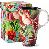 Topadorn 17oz Ceramic Travel Mug with Lid, Botanical Floral Coffee Mug | Butterfly &amp; Dragonfly Ceramic Travel Cup, Microwave &amp; Dishwasher Safe, Gift Box Included