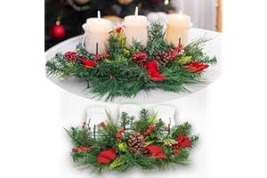 KIRSCHBLÜTE Christmas Candle Holder, Christmas Centrepiece with 3 Candle Holders, Iron Candle Holder Evergreen Pinecone and Red Berries, Indoor Christmas Decoration(Glass Covering)