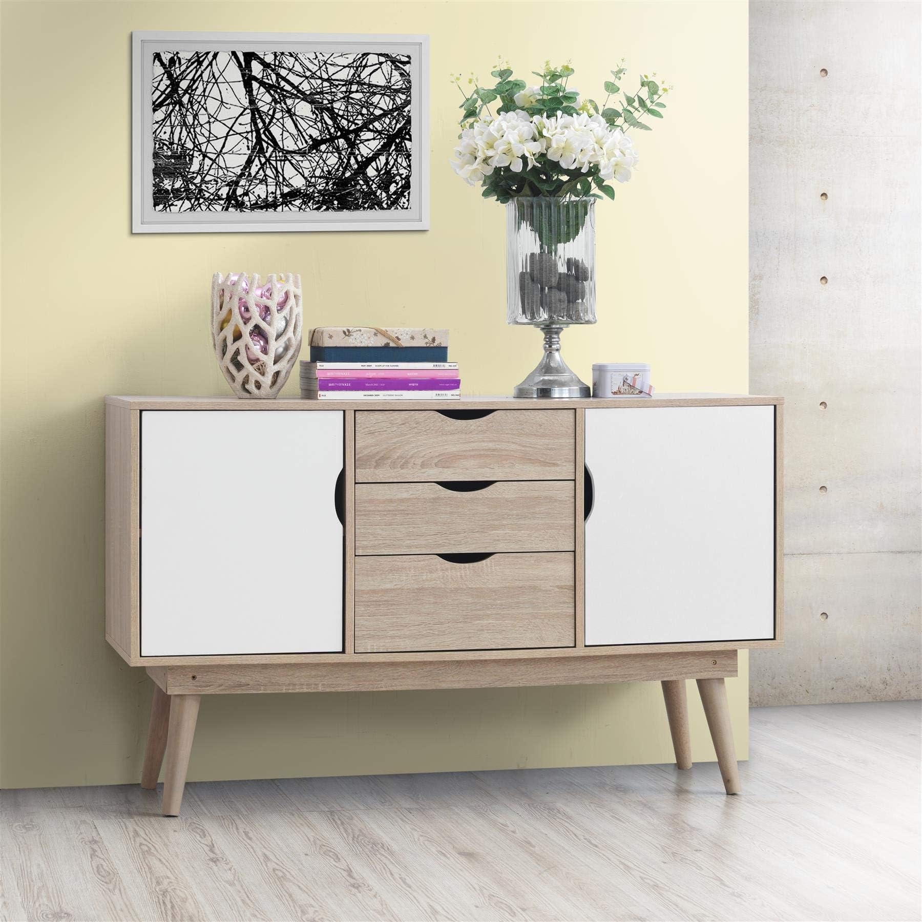 Timber Art Design Alford Scandinavian Large Sideboard Nordic Retro Cupboard Unit Scandi Buffet White Oak