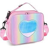 Samhe Lunch Box for Kids Girls, Insulated Rainbow Tote Bag Leakproof Thermal Cooler Reusable Lunch Bag for School Office Outdoor (Pink with Strap)