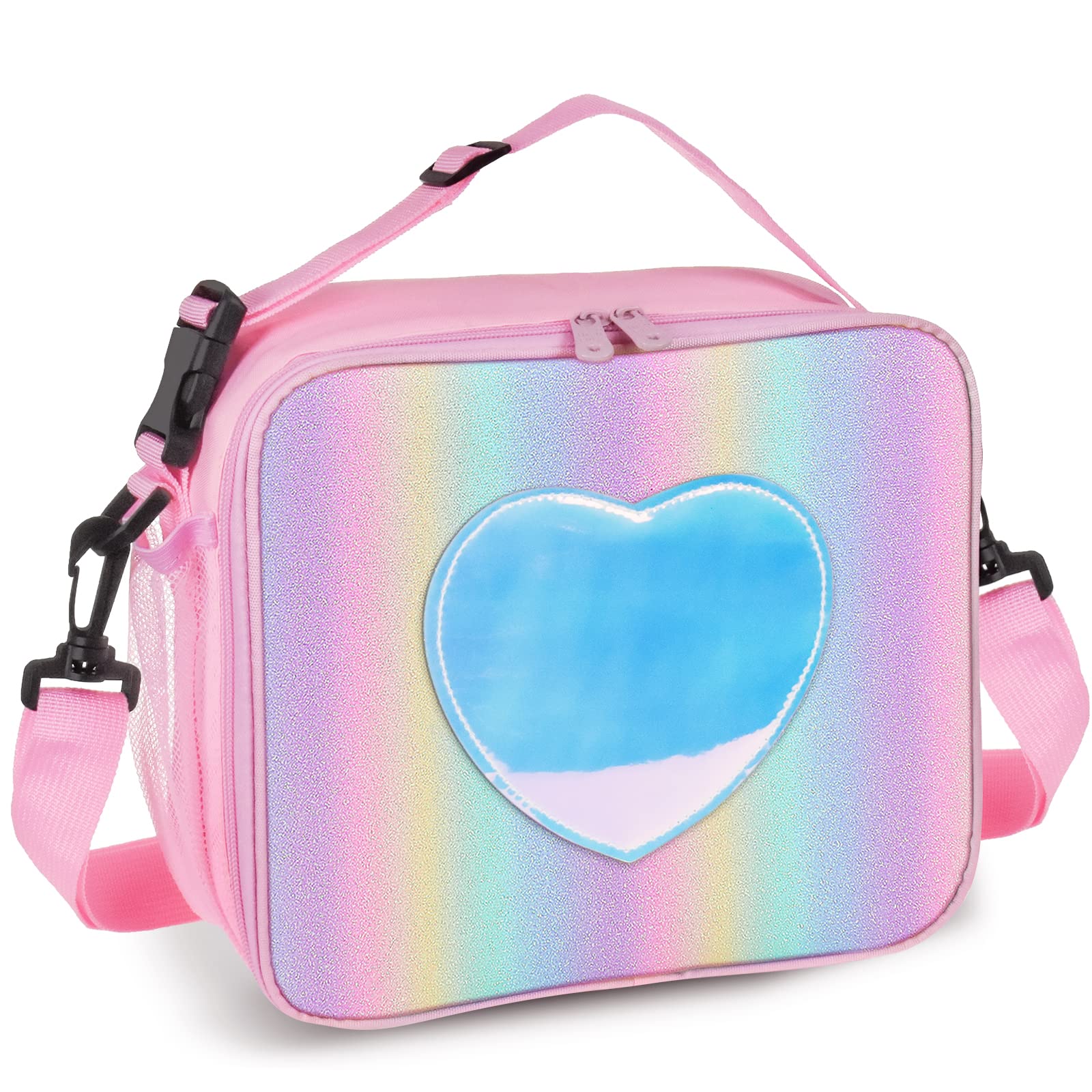 Photo 1 of Samhe Lunch Box for Kids Girls, Insulated Rainbow Tote Bag Leakproof Thermal Cooler Reusable Lunch Bag for School Office Outdoor (Pink with Strap)
