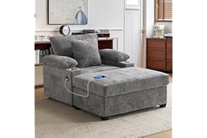 SUNWAVE Chaise Lounge Chair with Ottoman, Chenille Fabric Sofa Bed, Accent Chair with Cupholders & USB Charging Ports for Living Room, Bedroom, Apartment (Gray)