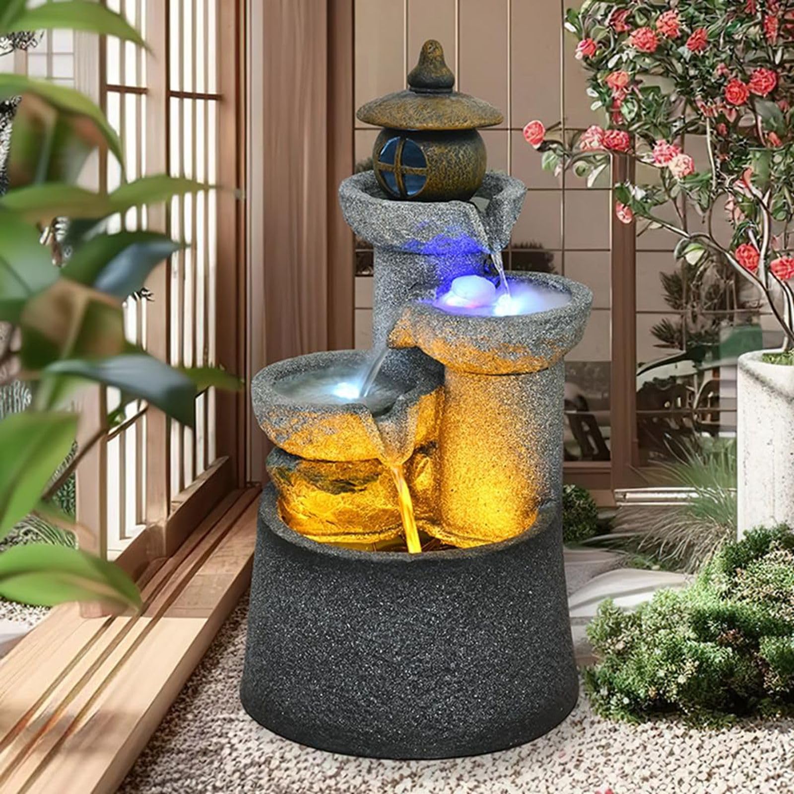 Qingyignge 27” H Modern Outdoor Fountain 2 Crocks Outdoor Garden Fountains LED Light for Garden, Patio, Deck, Porch, Backyard and Home Art Decor