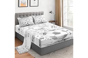 WeCozy Twin Size 3 Pcs Bed Fitted Sheet Set with 14" Deep Pocket, Game Soccer Painting Flat Sheet Set for Kids and Adults, Sport Ball Football Bedding with Pillowcase for Bedroom Decor