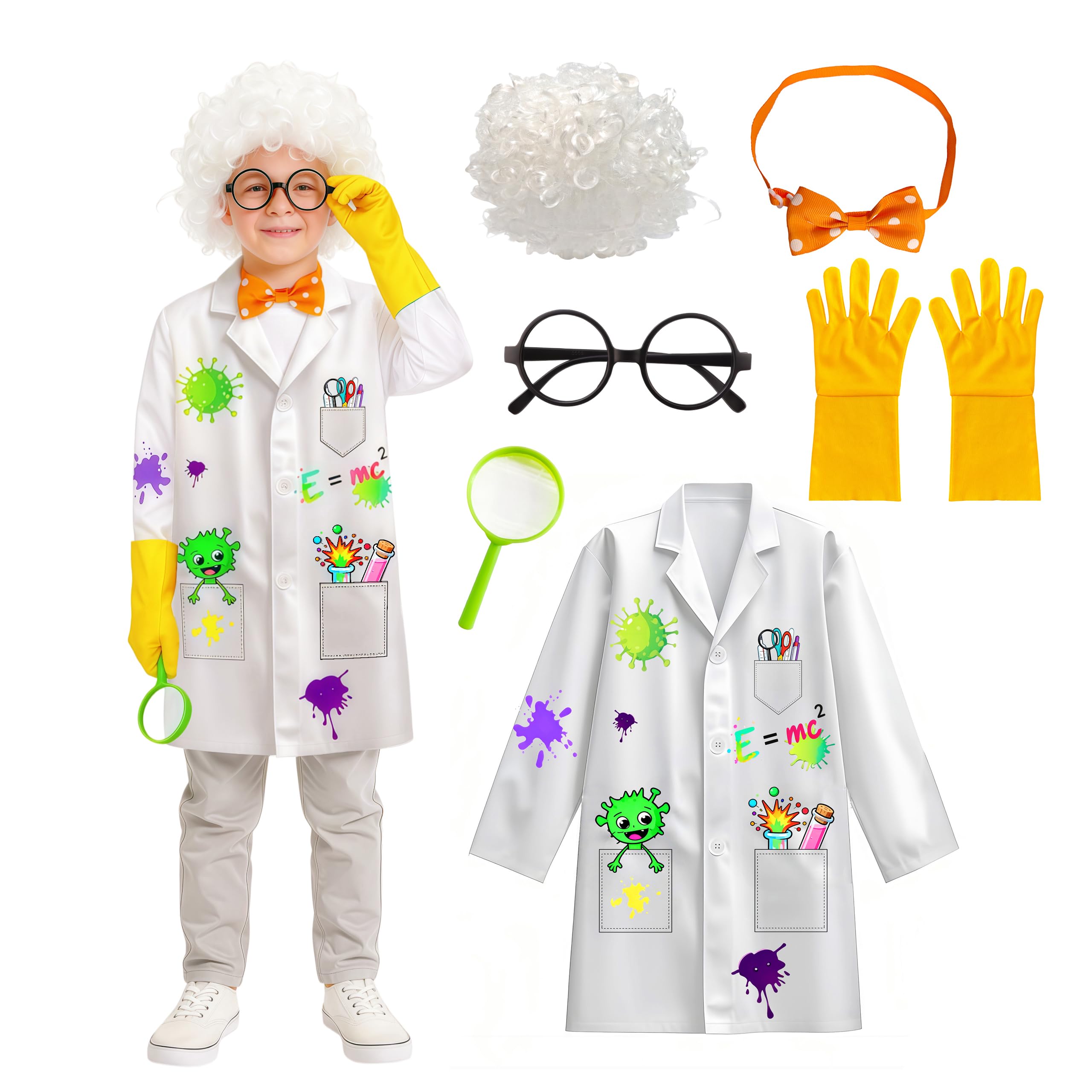 Wbesty 6Pc Kids Mad Scientist Costume with Lab Coat Frame Wig Gloves Bowtie & Magnifier Dress Up & Science Role Play for Kids, 7-8Y