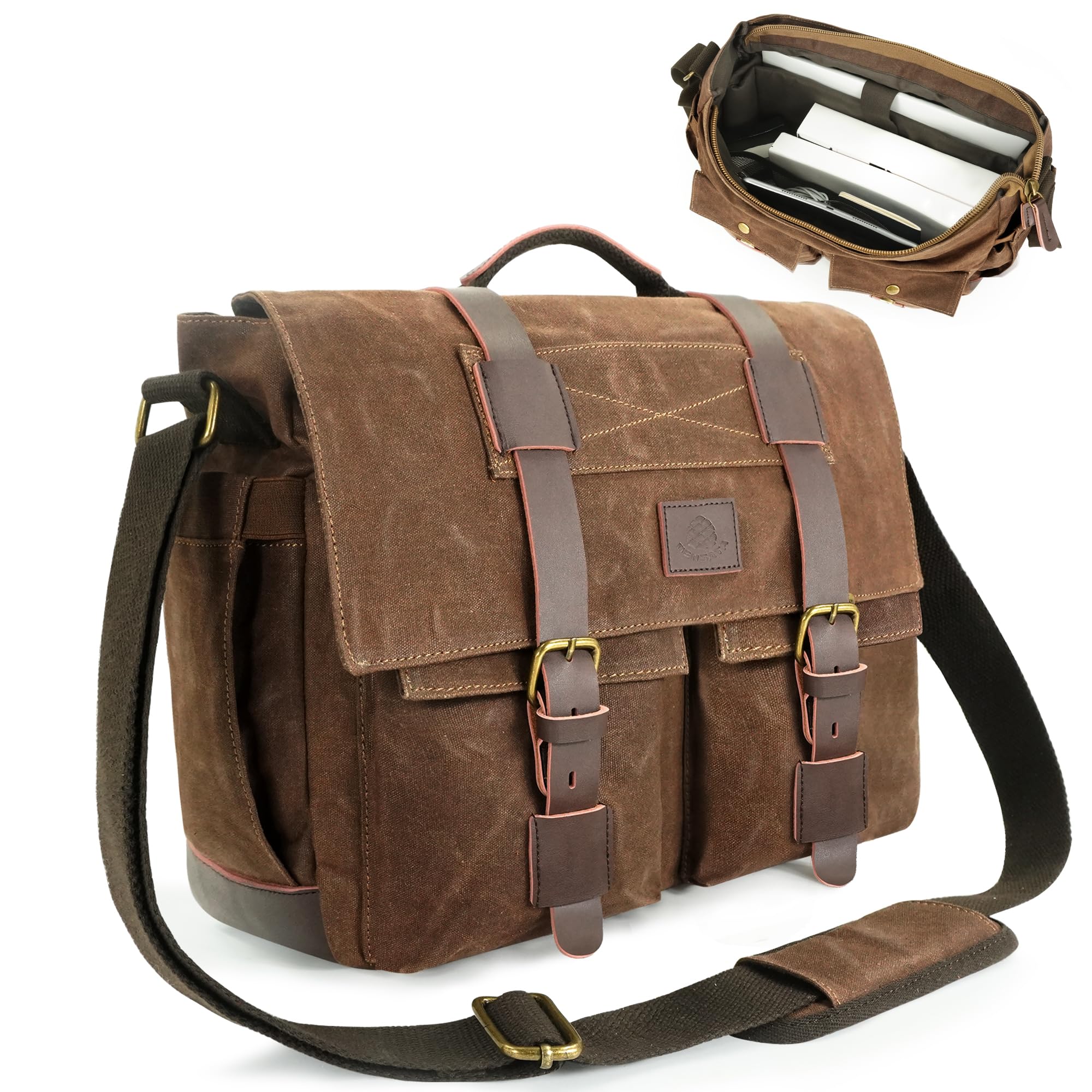 Photo 1 of densata Messenger Bag for Men, 14-15.6 Inch Laptop Bag, Water-resistant Waxed Canvas Messenger Bag, Vintage Computer Satchel Briefcase for School Work Travel (Vintage Brown)