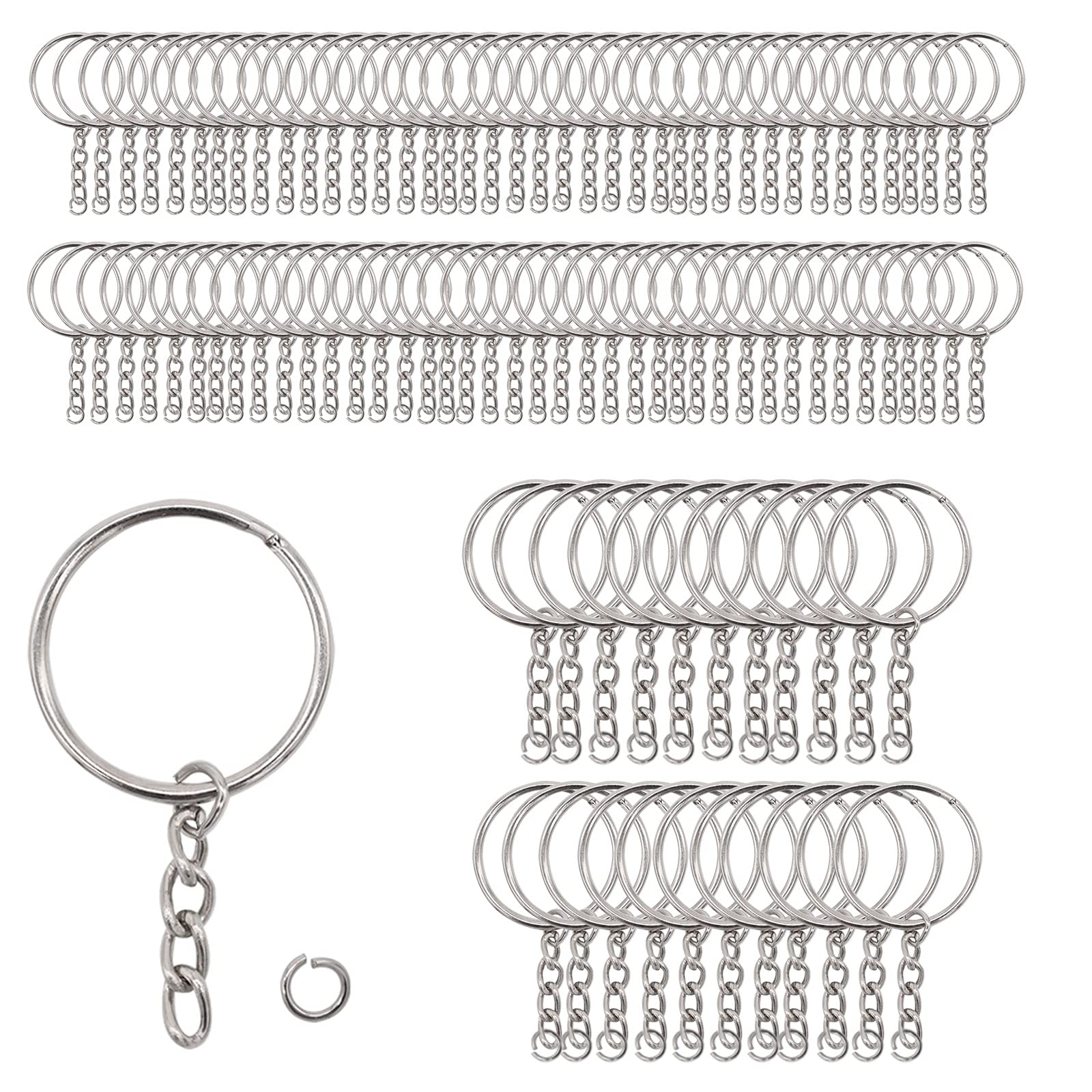 TRIXES 100PC Metal Split Keychain Rings with Silver Chain - Key Chain Ring Parts with Open Jump Ring and Connector - Make Your Own Keyring Bulk - DIY Crafts