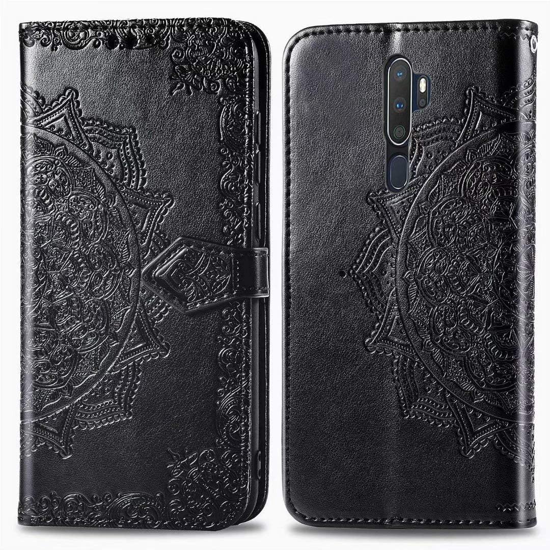 Abtory Oppo A9 2020 Wallet Case, Embossed Mandala Flower Card Holder Case Kickstand Flip Cover Protective Soft PU Leather Magnetic Closure for Oppo A9 2020 Black