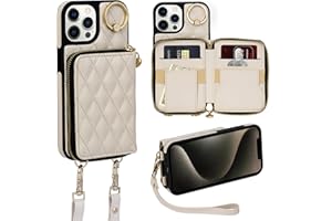 Keallce Case for iPhone 12 Pro/iPhone 12 6.1'' Wallet Case, Crossbody Zipper Purse Handbag Wristlet for Women, RFID Blocking Card Holders, Ring Kickstand Flip Leather Cover for iPhone 12/12 Pro, Beige