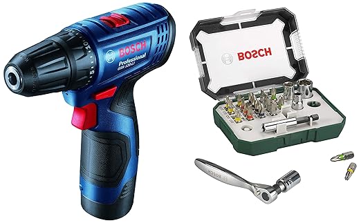 Bosch 06019G80F1 GSR120-Li Cordless Drill Driver, 12V Single Battery with Bosch 2607017322 Metal Screwdriver Bit And Ratchet Set (Green and Black, 26-Pieces)