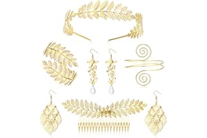SAILIMUE 6Pcs Greek Goddess Costume Accessories Set Women Golden Laurel Leaves Crown Tiara Leaf Headband Armband Coil Bracelet Pearl Leaf Dangle Earring Bridal Hair Comb Wedding Headpiece Toga