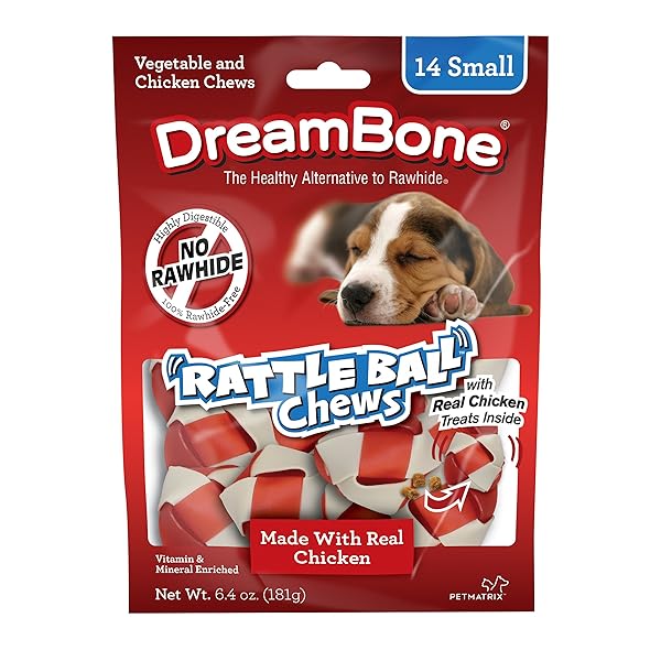 DREAMBONE RATTLEBALL SMALL CHEWS 14 COUNT, RAWHIDE-FREE CHEWS FOR DOGS, WITH REAL CHICKEN TREATS INSIDE