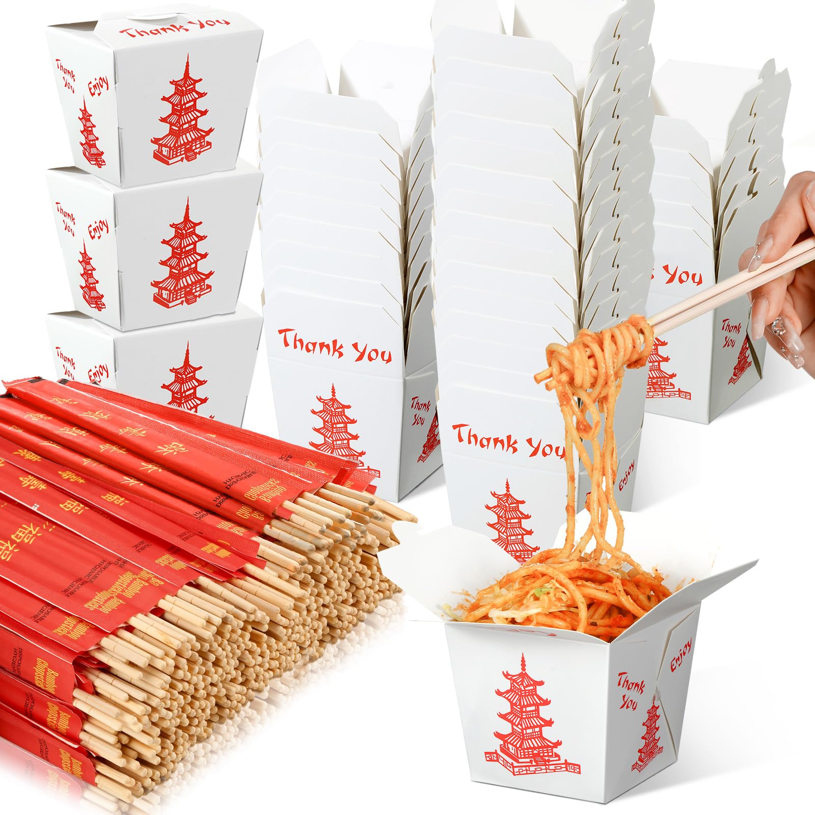 Photo 1 of ***MISSING PIECES*** Tioncy 50 Sets 16 oz Disposable Paper Food Containers with Chopsticks include 50 Pack Chinese Take out Boxes and 50 Pairs Bamboo Chinese Chopsticks for Restaurants Birthday Wedding Party