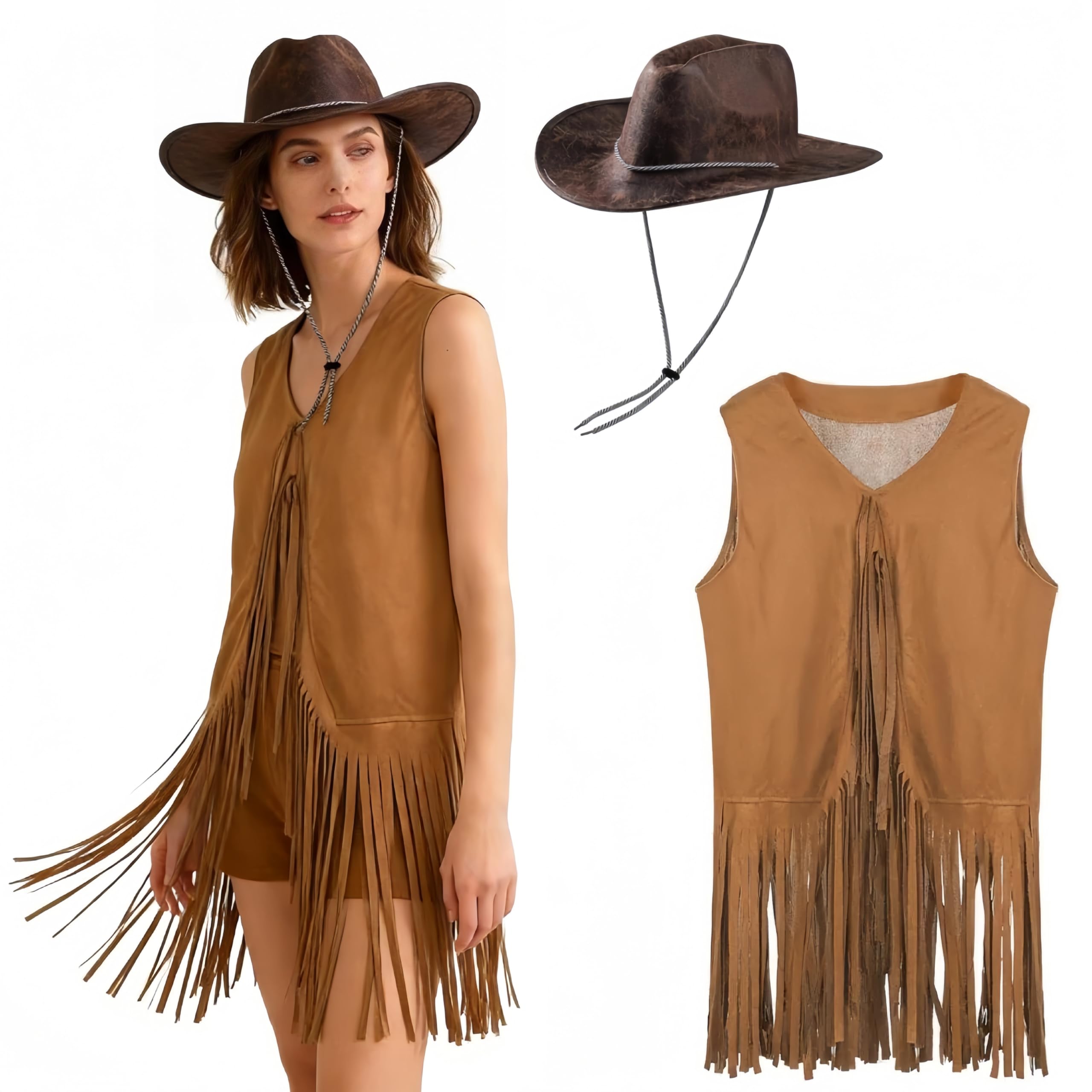 Western Cowgirl Costume for Women Men Vintage Leather Cowboy Hat Faux Suede Sleeveless Fringe Jackets Vest 70s Hippie Costume for Hippie Disco Party Halloween Party Cosplay