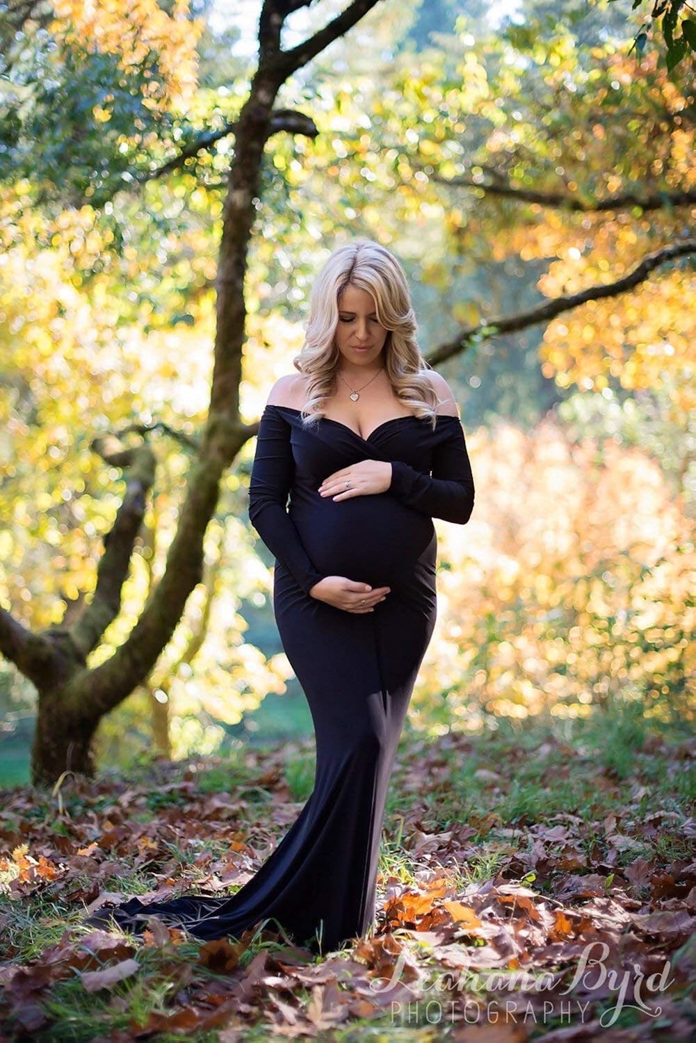 ZIUMUDY Maternity Fitted Gown V Neck Ruched Off Shoulder Long Sleeve Maxi Photography Dress at  Women’s Clothing store