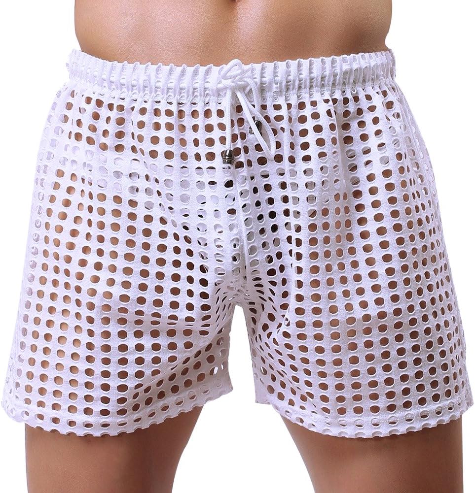 Mens Breathable Boxer Briefs Mesh Hollow Openwork Drawstring Lounge Shorts Underwear