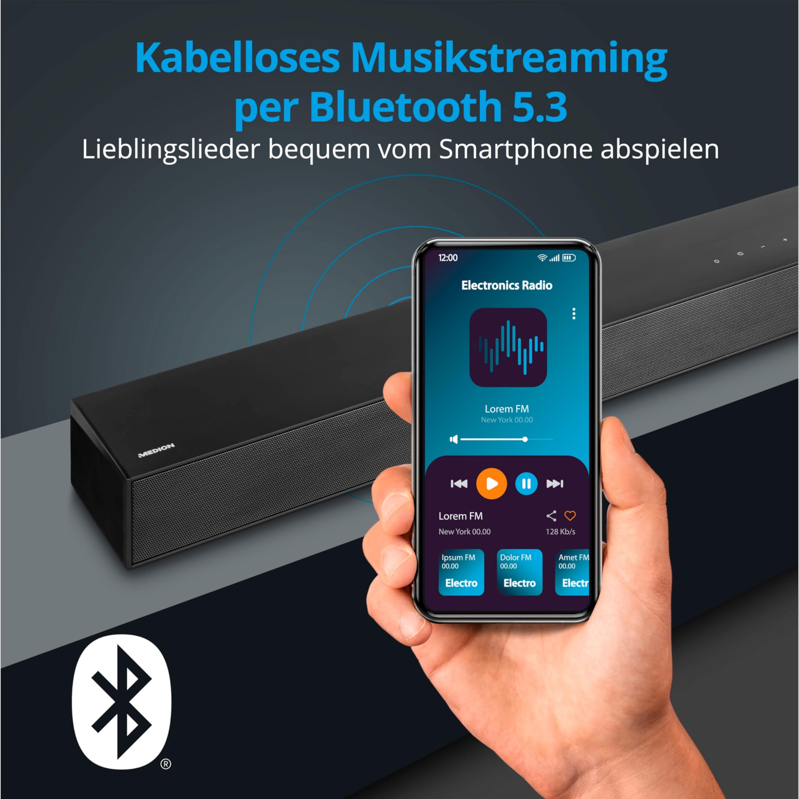 MEDION S61022 3.1 Dolby Atmos Soundbar mit kabellosen Subwoofer (für TV Geräte, Bluetooth 5.3, HDMI eARC CEC, optischer Eingang, AUX, 3 x 20 W + 60 W (RMS) Subwoofer kabellos, Fernbedienung 4