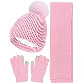 Wandx Kids Winter Hat Gloves Scarf Set Children Pompom Knit Beanie Warm Gloves with Thick Fleece for Boys Girls Ages 4-12