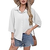 HIYIYEZI Women's Button Down Shirt Casual 3/4 Sleeve Dress Shirts Collared Work Blouse with Pocket