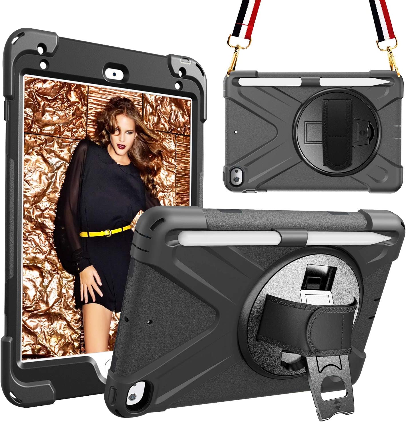 MAHYVE Case for iPad Mini 5 2019, iPad Mini 4 with 360 Rotational Rugged Heavy Duty Kickstand, Pencil Holder, Adjustable Hand Strap and Colorful Shoulder Strap (Black)