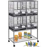 Sturdy Wrought Iron Combo 2-Stacker Center Divided Breeder Breeding Bird Flight Double Rolling Cage Side Nesting Box Doors for Aviaries Canaries Cockatiels Lovebirds Finches Budgies Small Parrots