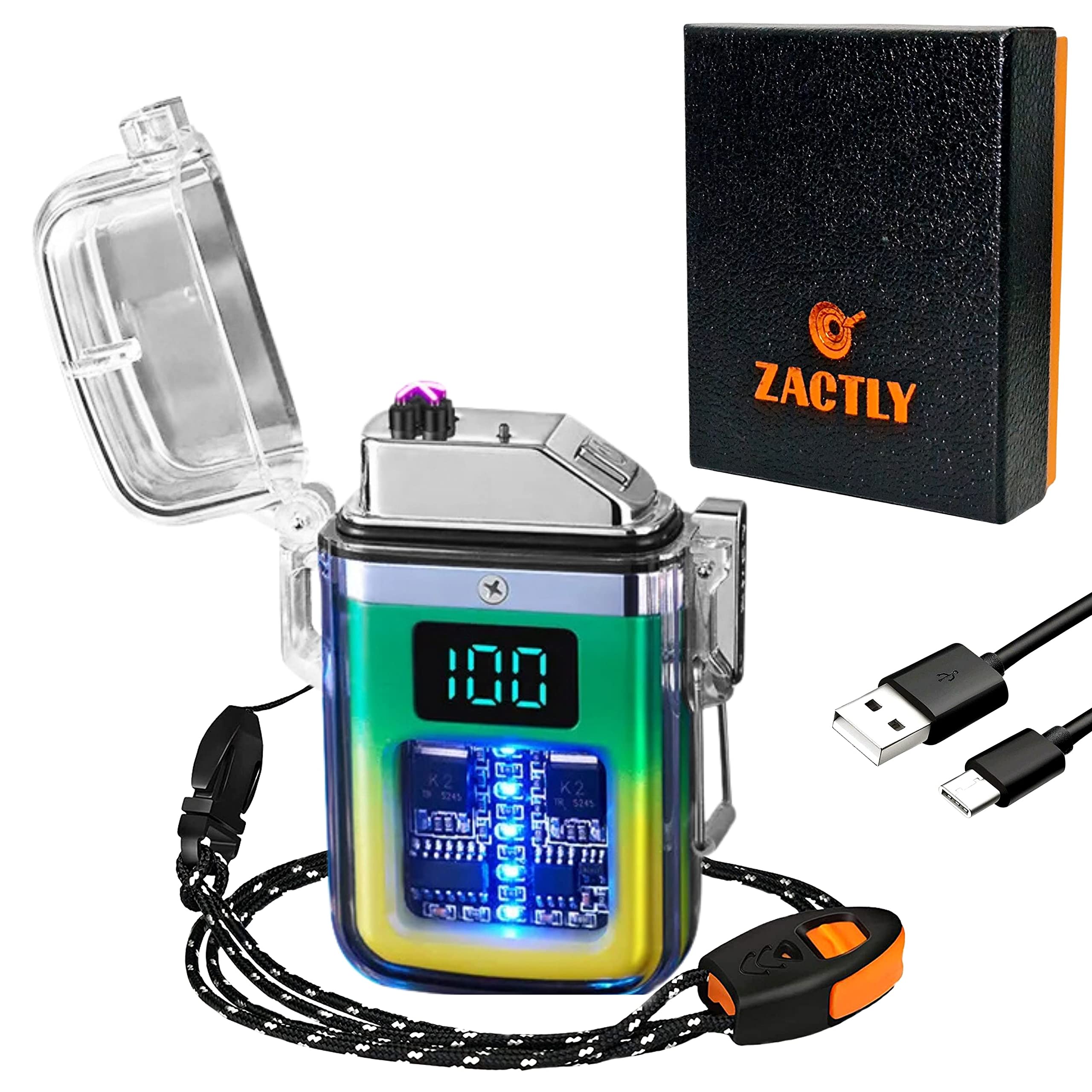 Zactly AL12 Transparent Electric USB C Rechargeable Plasma Candle Lighter LED Digital Display Dual Arc Waterproof Windproof, Whistle, Lanyard, Camping Outdoor Survival Tool (GREEN YELLOW GRADIENT)