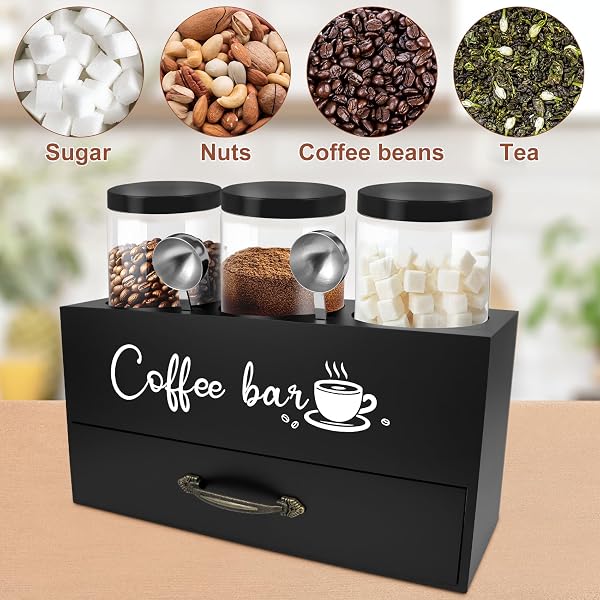 MACIFECI 54 OZ COFFEE CANISTER SET WITH SHELF, COFFEE AND SUGAR CONTAINER SET OF 3 CANISTERS SETS FOR KITCHEN COUNTER, PLASTIC COFFEE BEAN STORAGE CONTAINER WITH SCOOP (BLACK – DRAWER)