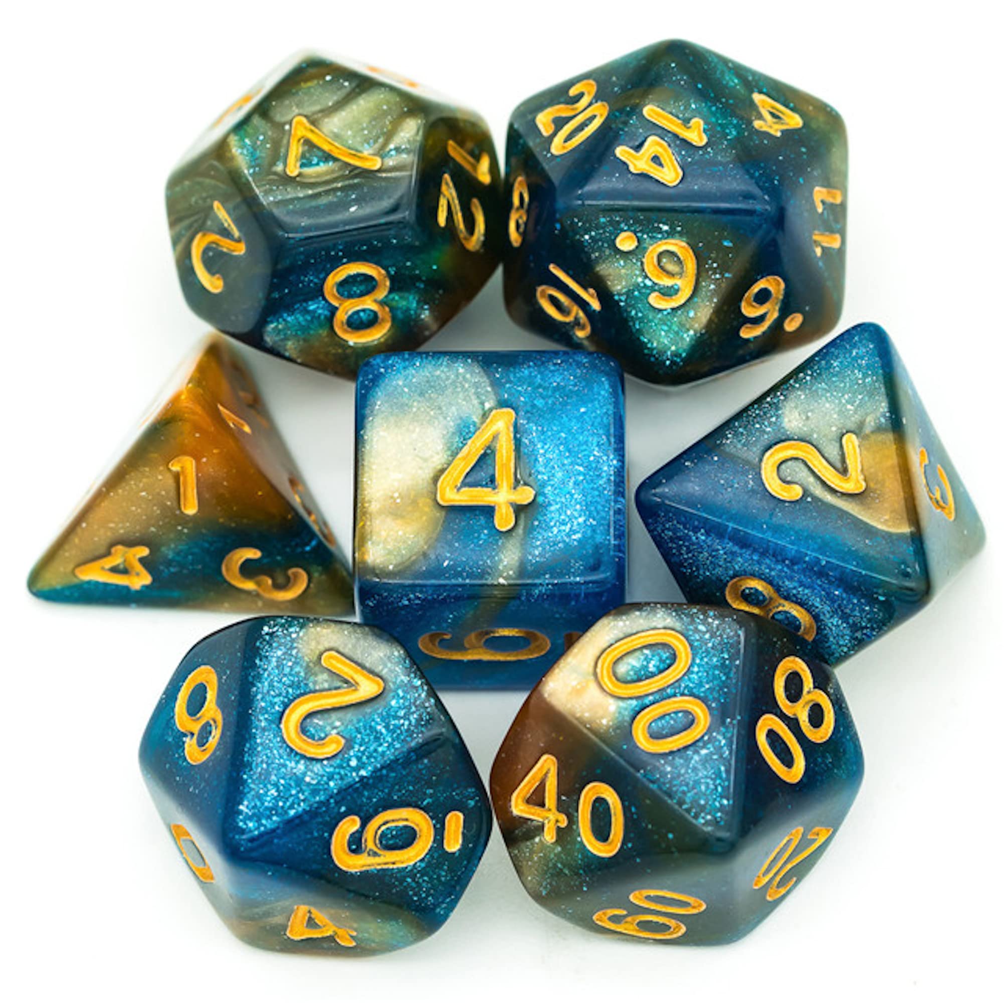 Noble Ancestry Glitter Dice Blue/Gold Polyhedral D&D Dice for Dungeons and Dragons and Tabletop RPG's