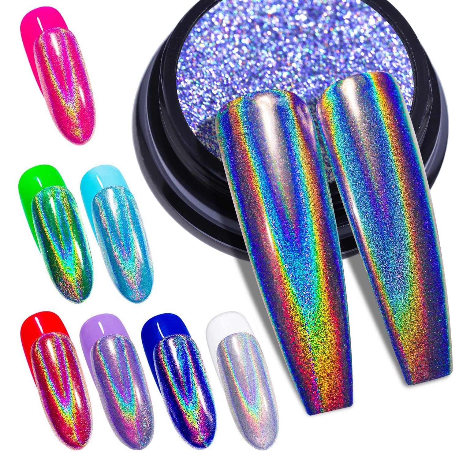 BISHENGYF Holographic Chrome Nail Powder - 1g Mirror Laser Effect Iridescent Holo Nail Chrome Powder, Rainbow Chrome Powder for Gel Nails Pigment Glitter for Nail Art Decorations, Gel Nail Polish