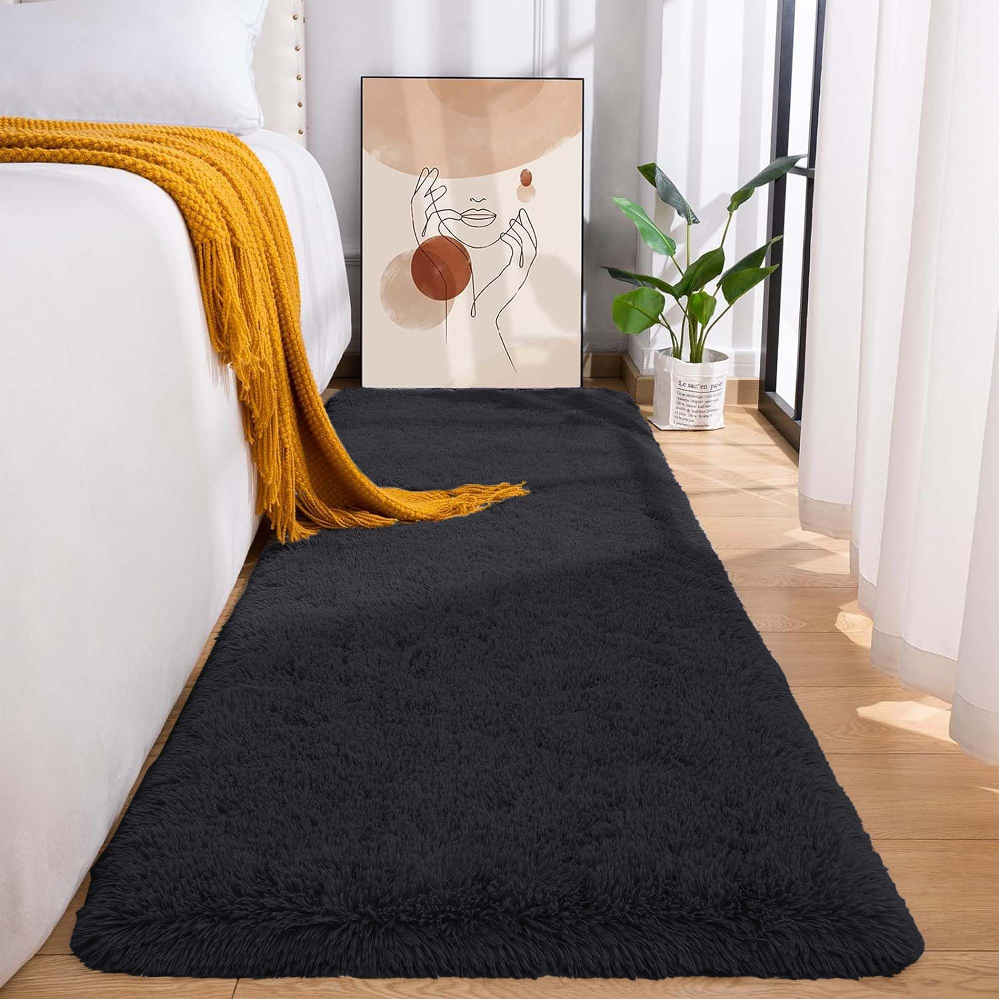 MOONLIGHT20015 Fluffy Rugs for Bedroom Living Room – Fluffy Black Shaggy Area Rugs Anti Slip – Super Soft Thick Pile Non-Shedding Hallway Runner Rug – Plush Carpet for Dining Room, 60 x 220 cm