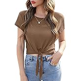 TASAMO Women's Summer Crop Top Lightweight Short Sleeve Tie Front Loose Fit Stripe Thin Tee Slightly Sheer T-Shirt