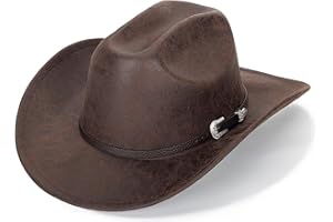 CAYSEP Men Women Classic Western Cowboy Cowgirl Hats with Metal Bull Head Belt PU Leather Wide Brim Hats Western Cowboy Style Hat