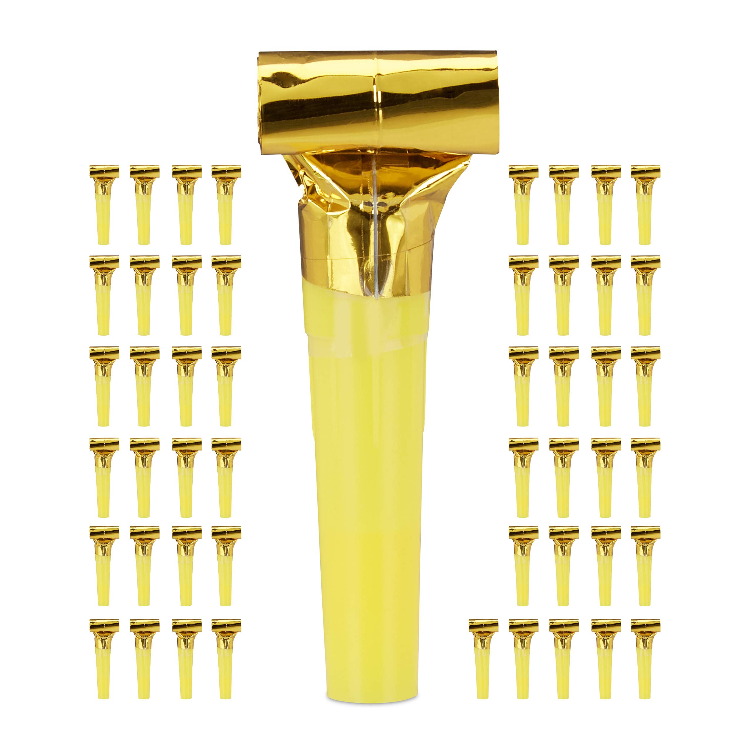 Relaxdays Party Blowers Pack of 50, Kids’ Noisemakers, Birthday Treats, Trumpet Set, Whistle, Golden