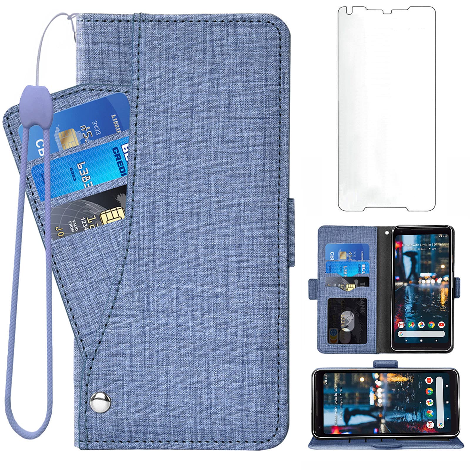 Asuwish Compatible with Google Pixel 2XL Wallet Case Tempered Glass Screen Protector and Leather Flip Cover Card Holder Cell Accessories Phone Cases for Pixle 2 XL Pixel2XL Pixel2 LX Women Men Blue