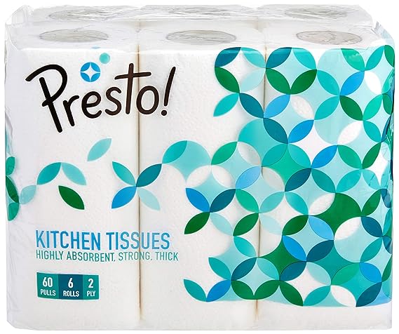 Amazon Brand-Presto! 2 Ply Kitchen Tissue/Towel Paper Roll-6 Rolls (60 Pulls Per Roll)