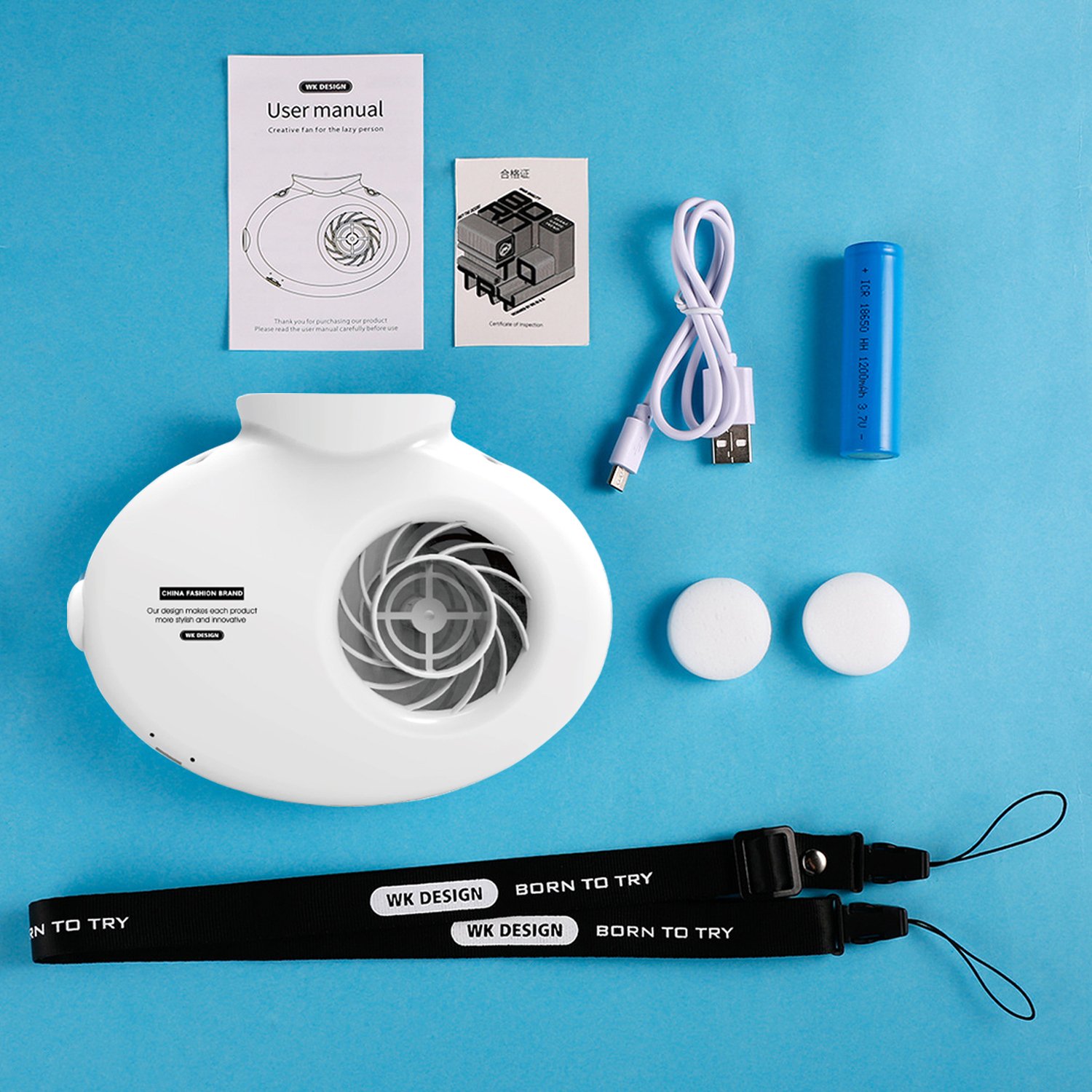 WK Portable Necklace Fan with Nylon Neck Strap and Adjustable Switch - Rechargeable Cooling Fan Equipped with Two Sponges to Release Perfume and Cooling Air（White）