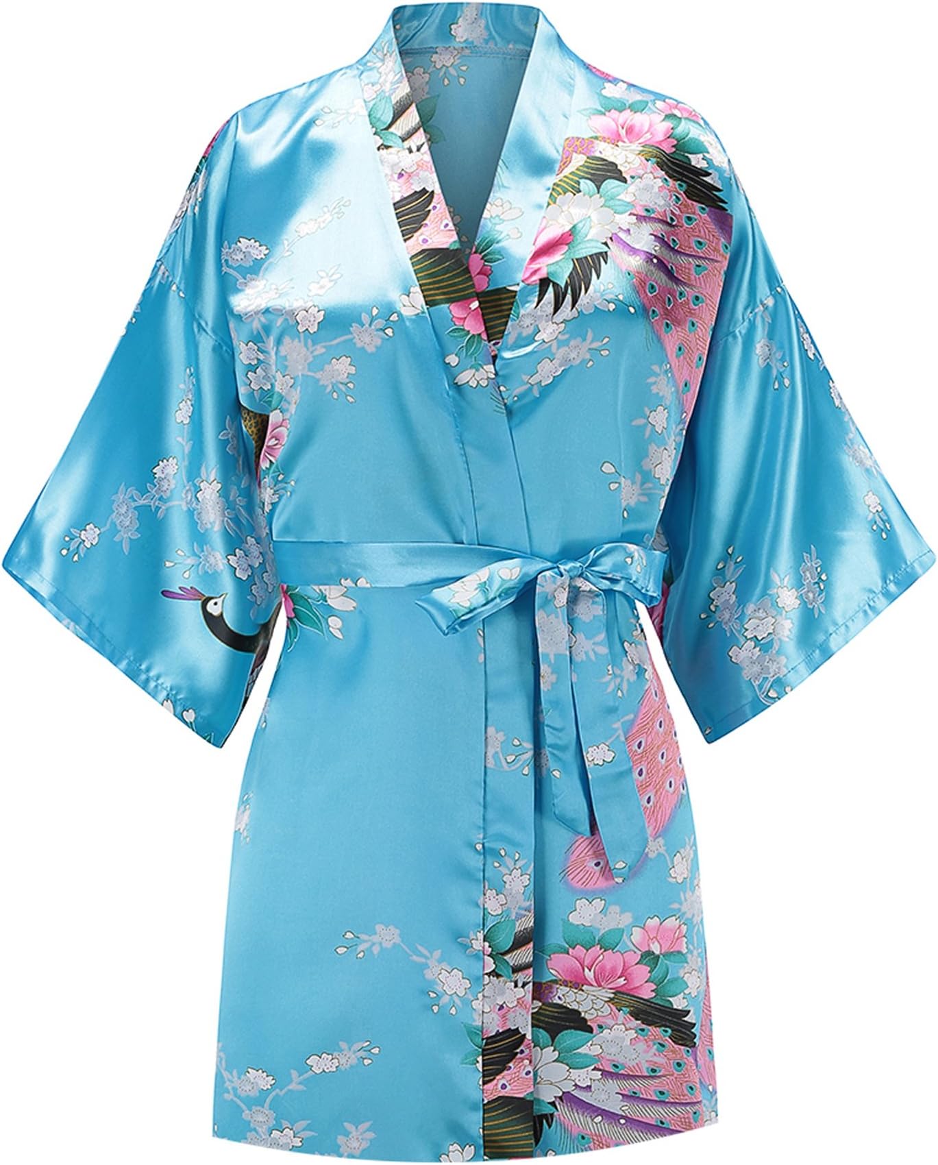 Women Peacock Satin Short Bridal Kimono Robe Bridesmaid Sleepwear Wedding Dressing Gown