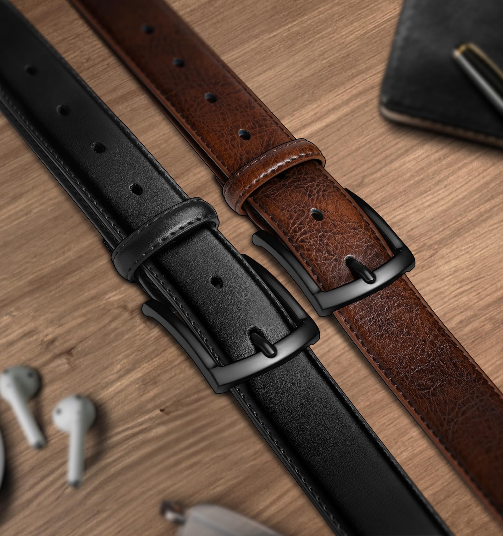 BULLIANT Men Belt 2Pack-Leather Belt 7Holes Comfortable For Men's Dress Casual Jeans 1 3/8