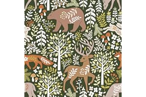 VaryStyle Green Forest Wallpaper Woodland Tree Animal Peel and Stick Wallpaper Vintage Floral Contact Paper for Cabinet Shelf